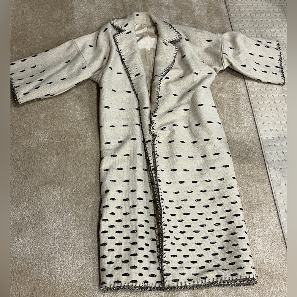 OOK Vintage Designer Wool Beaded Duster in Cream & Black